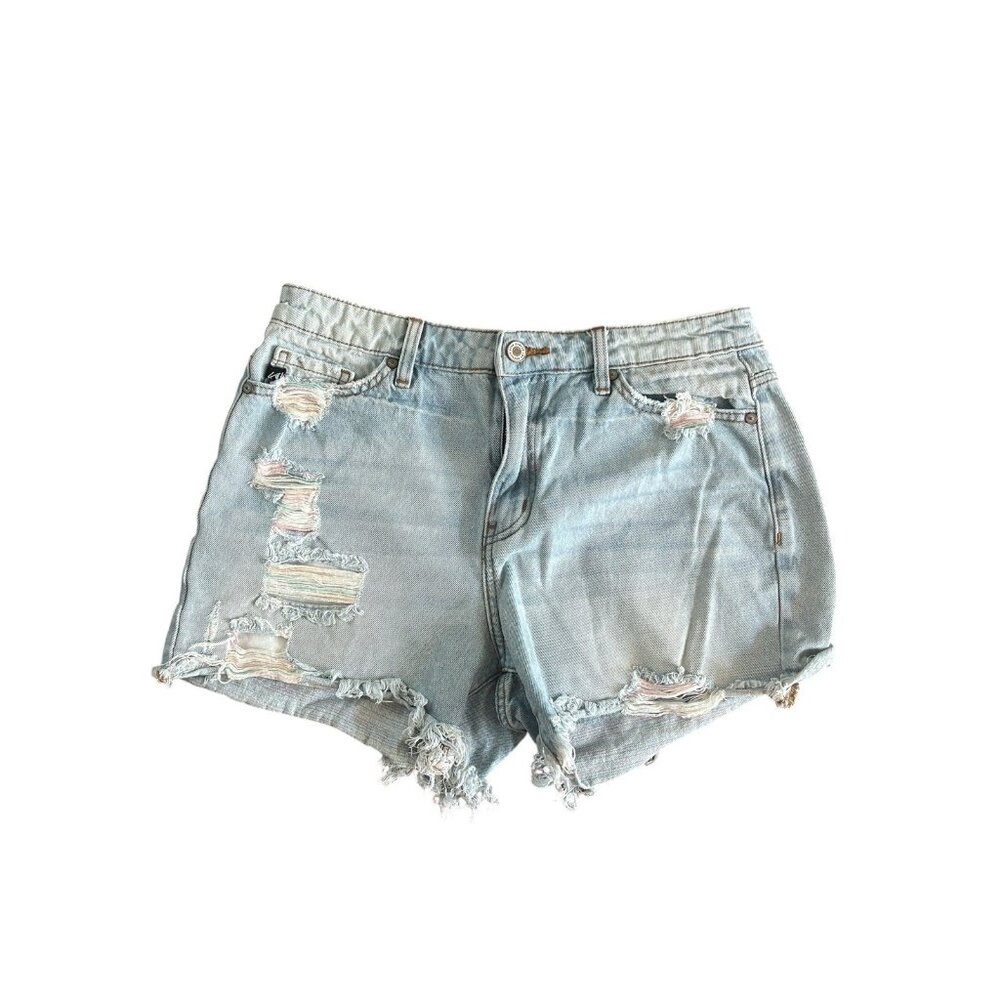 KanCan Light Wash Distressed Denim Jean Shorts Blue‎ Size M Raw Hem Rips Casual
